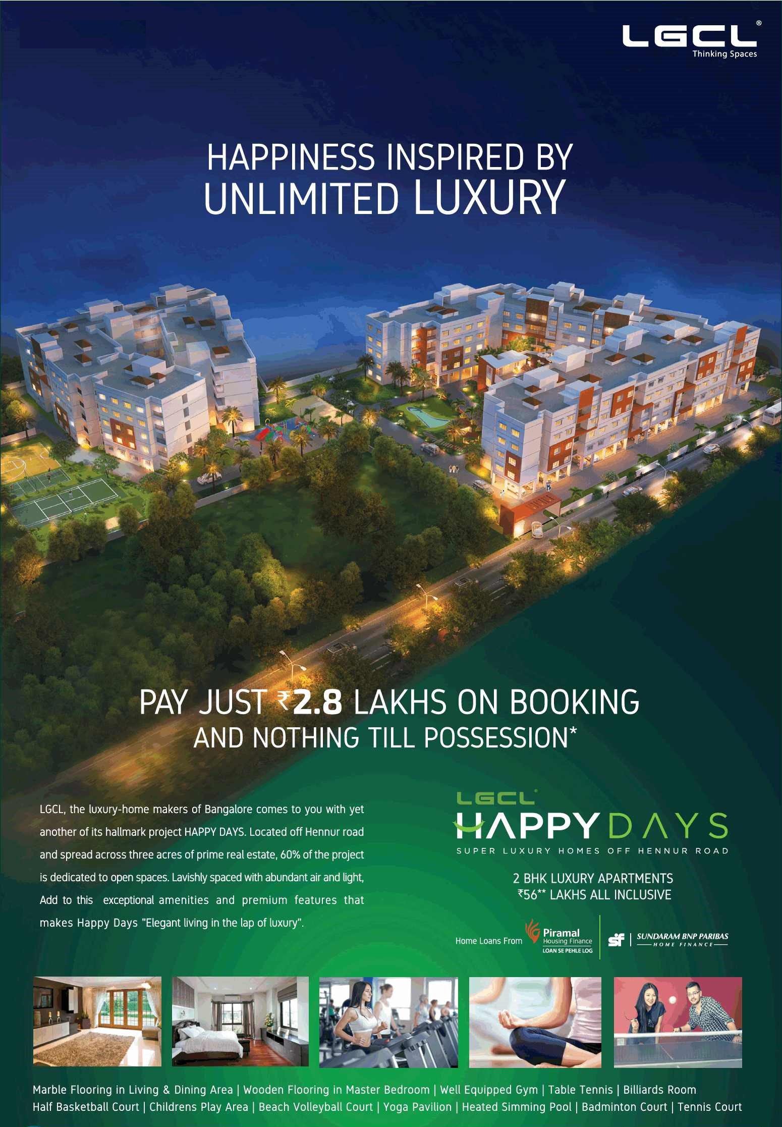Pay just Rs. 2.8 lakhs on booking & nothing till possession at LGCL Happy Days in Bangalore